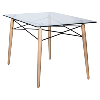 LeisureMod Dover 47" Rectangular Dining Table – Glass Top with Natural Wood Eiffel Base, Modern Kitchen, Dining Room, Small Space, Bistro Table