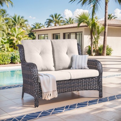 Buenhomino Outdoor Patio Couch Wicker Sofa Loveseat- 2 Seater Rattan Sofa for Outside Patio Garden with Deep Seating and Olefin Cushions