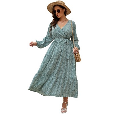 Plus Size Women's V Neck Long Sleeve Maxi Dress Floor Length Elegant Casual