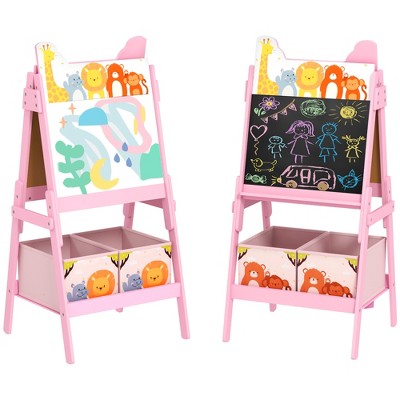 Qaba Easel for Kids, Double-Sided Kids Easel with Whiteboard, Chalkboard, Storage Boxes, Toddler Easel for 3-8 Years, Pink