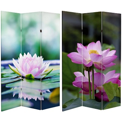 6" Double Sided Lotus Blossom Canvas Room Divider Green - Oriental Furniture: Adjustable 3-Panel Privacy Screen, Spruce Wood Frame