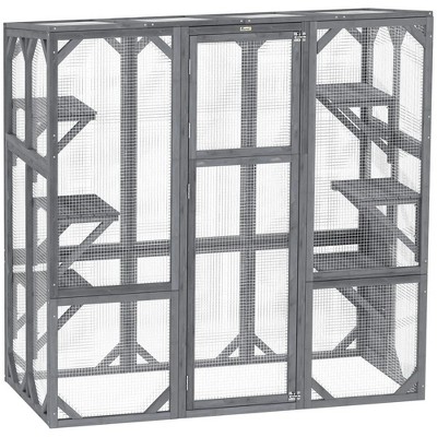 Resenkos Cat Cage, Cat Crate Kennel Enclosure Playpen,Large Wooden Catio Outdoor with 6 Jumping Platforms, Weatherproof Roof,Gray