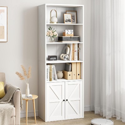 71.4" Farmhouse Bookcase with Doors - 6-Shelf Industrial Storage Unit, 11.8" Deep Wood Display Shelves for Living Room, Bedroom, Office