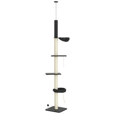 SKYONE 95-106" Adjustable Cat Tree with 5 Tiers, Sisal Scratching Posts, Cozy Bed, Hammock & Toy