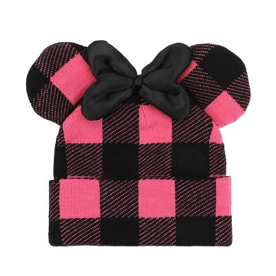Disney Minnie Mouse Ears Pink Plaid Cuff Beanie