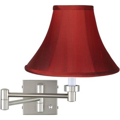 Possini Euro Design Modern Swing Arm Wall Lamp Brushed Nickel Plug-In Light Fixture Deep Red Dupioni Silk Bell Shade for Bedroom