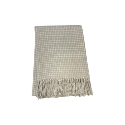 HomeRoots 50" X 67" Sand And Cream Cotton Blend Woven Plaid Throw Blanket with Fringe