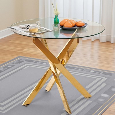 Dining Table with Cross Metal Leg and Glass,Modern Space Saving Kitchen Table for Living Room