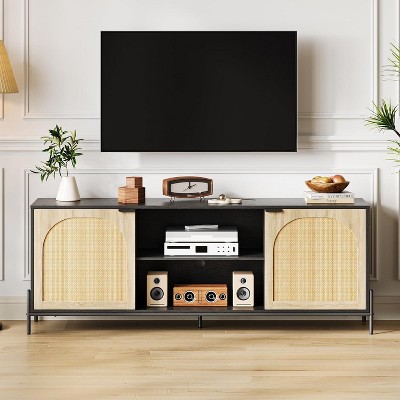 Black Black Rattan TV Stand for 75 Inch TV - TV Console with Adjustable Shelf Entertainment Center with Storage Mid Century Modern TV Stand for Livin