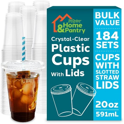 Inspire Home & Pantry Plastic Cups with Lids | BULK SAVINGS Smoothie Cup, Iced Coffee, Soda | Crystal Clear Cups