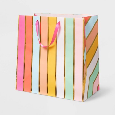 Square Simple Striped Gift Bag - Spritz™: Multicolor, Birthday, XL, Paper, Stripe Pattern, 15"x15"x8"