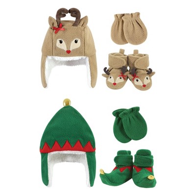 Hudson Baby Infant Girls 6Pc Trapper Hat, Mitten and Bootie Set, Green Elf Girls Reindeer