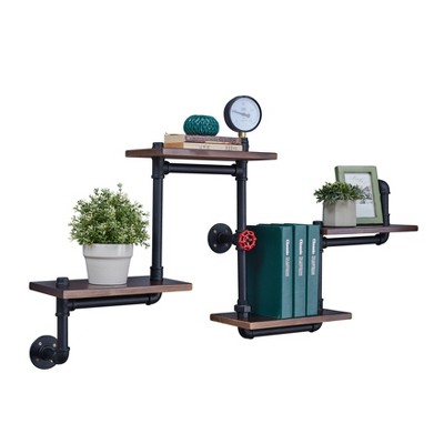 Danya B. 44.5" x 27.6" Tiered Horizontal Industrial Pipe Wall Shelf Brown/Black: Laminated Hardwood, Metal Frame, 4 Levels