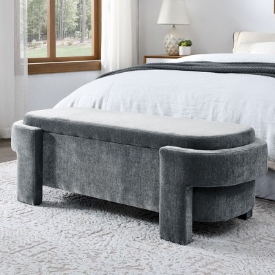 Sapphtopaz Modern 51.5" Linen Ottoman with Storage Large Oval Bench with Wood Fame Entryway Upholstered Foot Stool for Bedroom, Living Room