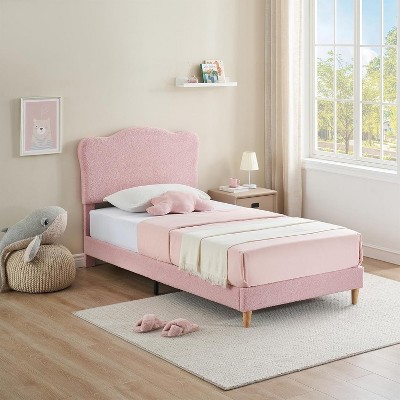 Upholstered Bed Frame with Scallop Headboard, Cute Velvet Twin Bed for Girls/Boys, Sturdy Platform Bed, No Box Spring Needed,  Blue