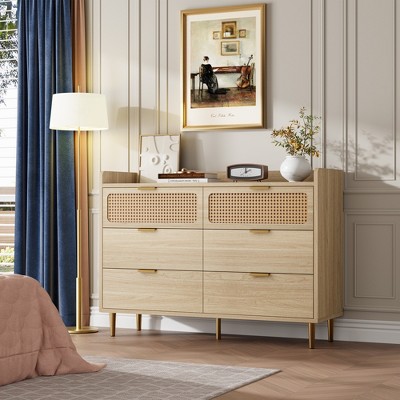 6 Drawer Rattan Dresser with Railed Edge, Modern Double Dresser with Metal Legs and Gold Handles, Farmhouse Wood Storage Chest of Drawers for Bedroom and Nursery
