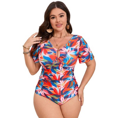 Clearlove Women Plus Size One Piece Swimsuits Tummy Control Bathing Suits V Neck Cutout Swimwear