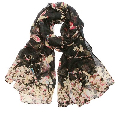 Wrapables Lightweight Vintage Floral Bird Print Long Scarf Wrap, Black