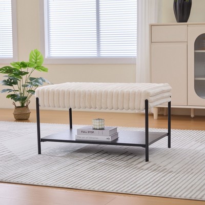 NicBex Modern Faux Fur Ottoman with Metal Legs, Foot Stool with Wooden Open Shelf, Storage Bench for Living Room, Bedroom, Entryway