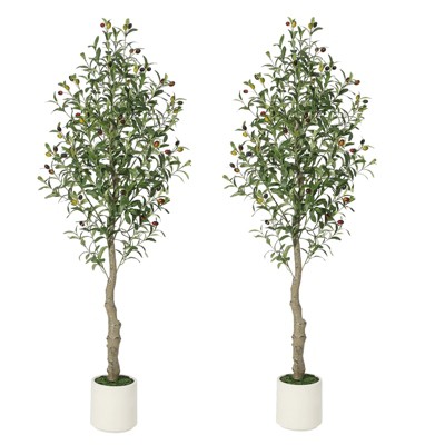 homfan Faux Olive Tree Fake Silk Olive Tree with Moss and White Bamboo Texture Planter Pot, Realistic Oliveand Leaves Artificial Tree Tall Plants