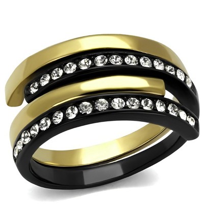 Slickblue Women’s Gold & Black Crystal Ring Set, Stackable Design, Clear Stones, Ion Plated Stainless Steel, Sizes 5-10