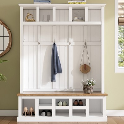 Whisen Freestanding Hall Tree with Shoe Bench, Storage Shelves and 3 Hanging Hooks