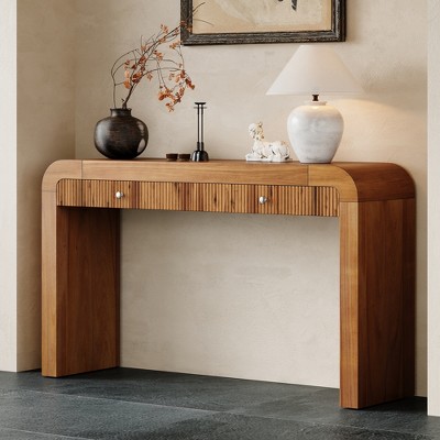 KTMBDW Fluted Console Table, Mid-Century Modern Entryway Cabinet with 2 Drawers, Narrow Sofa Table, Behind-The-Couch Table for Living Room
