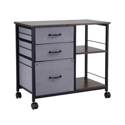 VEVOR Metal File Cabinet, Mobile Filing Cabinet with 3 Fabric Drawers and 2 Open Shelves, Wooden Vertical Filing Storage Cabinets with Wheels, Brown