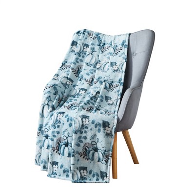 Kate Aurora Coastal Autumn Harvest Teal Halloween Pumpkin Patch Plush Oversized Accent Throw Blanket - 50 In. W X 70 In. L