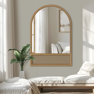 36 In.H x 24 In.W Brown Solid Wood Vine Weaving Right Angle Arched Hanging Mirror Frame Wall Mirror