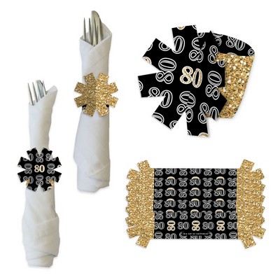 Big Dot of Happiness Adult 80th Birthday - Gold - Birthday Party Paper Napkin Holder - Napkin Rings - Set of 24