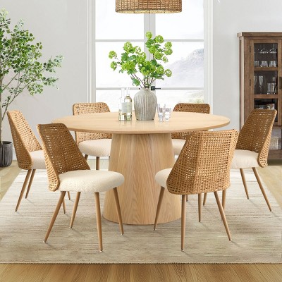 7-Piece Round Dining Table Set for 6 Oak Wood Dining Table and Boucle Rattan Dining Chairs for Kitchen Dining Room Farmhouse-Maison Boucle