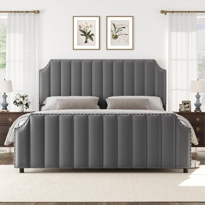 Velvet Bed Frame, 50.2" Tall Headboard & Footboard, Upholstered Platform Bed Frame with Nailhead Trim