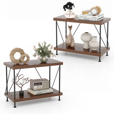 Tangkula 2PCS 2-Tier Multipurpose Display Rack Freestanding Bookshelf w/ Metal Frame Walnut