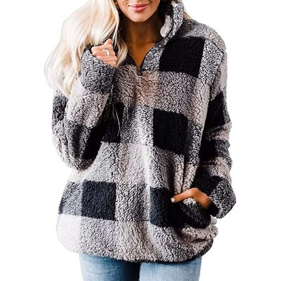 Haute Edition Women's 1/4 Zip Buffalo Plaid Faux Shearling Sweatshirt