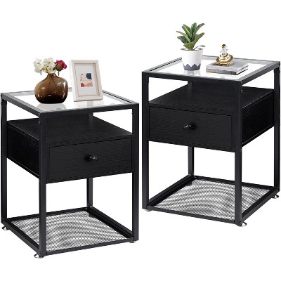 VECELO 1/2 PCs 3-tier Nightstand Glass Top Side End Table with Drawer & Open Shelf Brown/Black