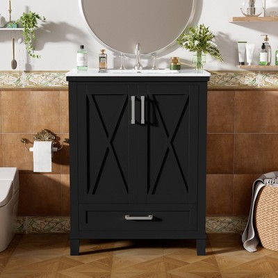 24"/30"W Bathroom Vanity with Ceramic Basin, Bathroom Storage Cabinet with Divided Drawer, Door Shelves & Soft Close Door - ModernLuxe
