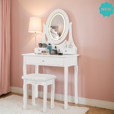 Jojoka Modern Vanity Desk with LED Lighted Mirror and Stool, White Dressing Table with 3 Drawers for Makeup, Jewelry, and Daily Use