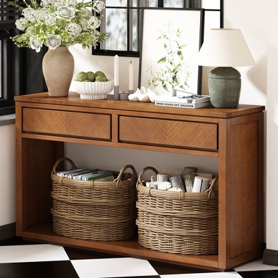 Sapphtopaz Rustic Wood Console Table with 2 Storage Drawers, Handleless Sofa Table with Open Shelf, Entryway Table for Living Room, Entryway