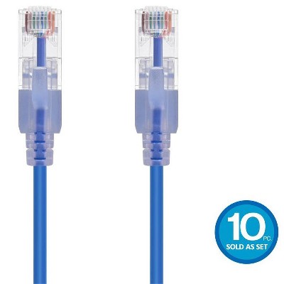 Monoprice SlimRun Cat6A Ethernet Patch Cable - Network Internet Cord - RJ45, Stranded, UTP, Pure Bare Copper Wire, 30AWG, 6in, Blue, 10-Pack