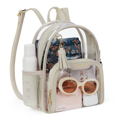 Clear Backpack Stadium Approved, Thick PVC Mini Clear Bag with Leather Trim for Sports Event, Concert, Festival, Khaki