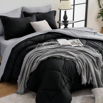 Queen Comforter Set - 7 - Piece All Season Bed in a Bag, Ultra Soft with Black Light Grey