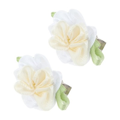 Unique Bargains Sweet Forest Camellia Hair Clip Green White 2 Pcs