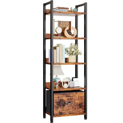 Aoibox 5 Tier Tall Narrow Bookshelf with Removable Fabric Drawer Wood Metal Storage Organizer Rustic Brown for Bedroom Living Room