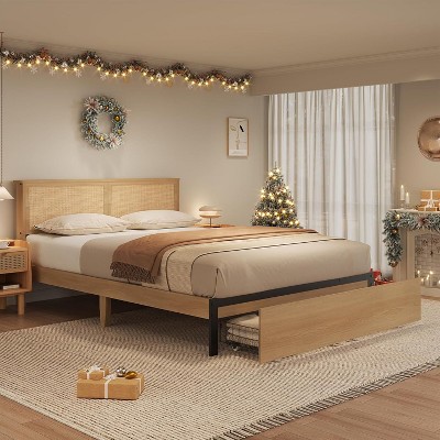 Platform Bed Frame, Bed Frame with Natural Rattan Headboard, Cane Bed Frame with 2 Storage Drawers, Noise Free, No Box Spring Needed