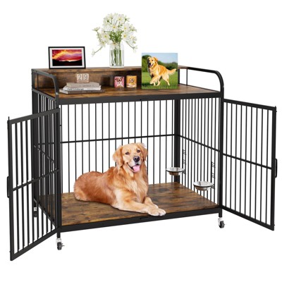 Dog Crate Furniture for Large Dogs - Heavy Duty Wooden Kennel with 2 Adjustable Bowls & Wheels