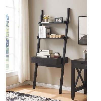 KTMBDW Ladder Shelf, Bookshelf Bookcase, Freestanding Corner Storage Shelve with Drawer for Home Office, Living Room, Bedroom, 5-Tier, Black