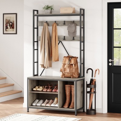 Shoe Rack for Closet, 36.41" Hall Tree with Shoe Storage Bench, 3 in 1 Hallway / Entryway Bench with Coat Rack & Wall Rack 8 Hooks, Industrial Bench