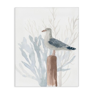 Stupell Industries Relaxed Nautical Seagull Beach Bird Blue Sea Coral Canvas Wall Art
