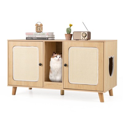 Tangkula 43" Cat Litter Box Enclosure for 2 Cats w/ Double Rooms 2 Sisal Scratching Mats
